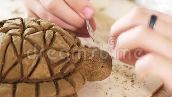 孩子们正在用粘土在手工制作的乌龟玩具上刮破鳞片的纹理视频的预览图