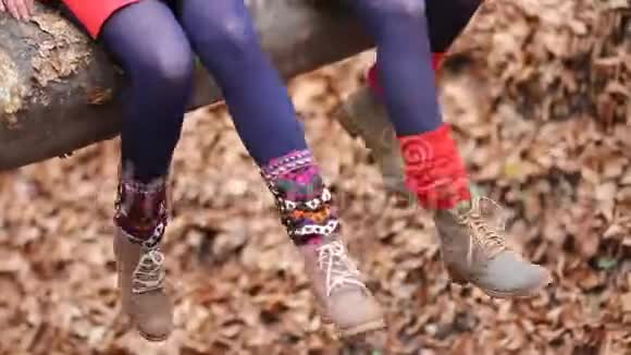 在落叶的背景下两个穿着明亮袜子和靴子的女孩的雌性腿特写这就是视频的预览图