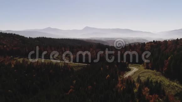 穿越森林和秋季4K超高清的无人机飞过道路视频的预览图