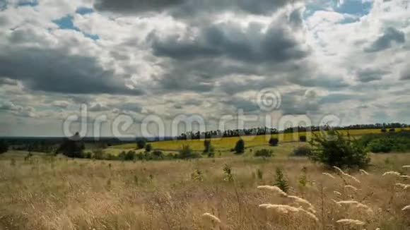 蓝天中的景观戏剧性的田野和移动的风暴云时光流逝令人惊叹的乡村山谷乌克兰视频的预览图