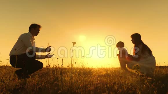 小女孩在金色的夕阳下学会用脚走路有爱的父母和婴儿一起走视频的预览图