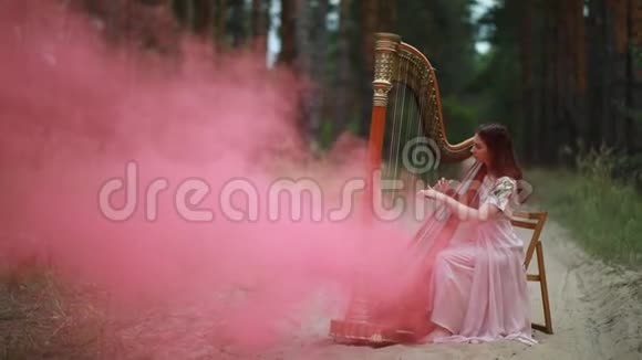 女竖琴手坐在森林里在烟雾的背景下竖琴视频的预览图