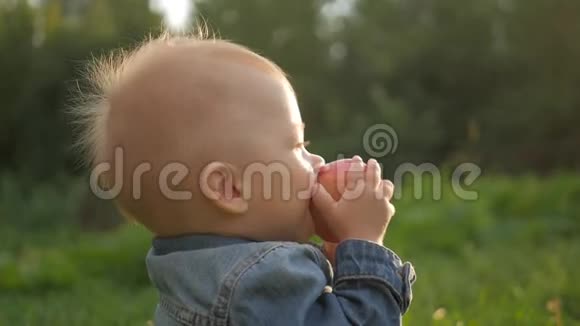 美丽的男婴在草坪上吃苹果的肖像视频的预览图