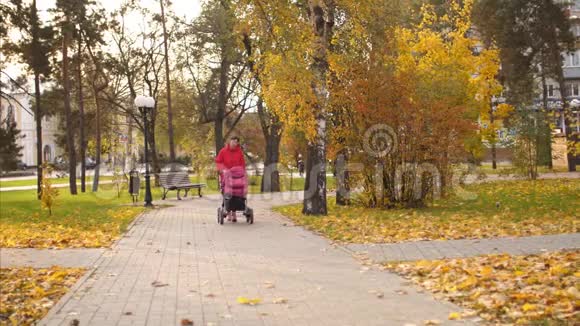 年轻的母亲和新生儿一起在公园的马车里散步视频的预览图