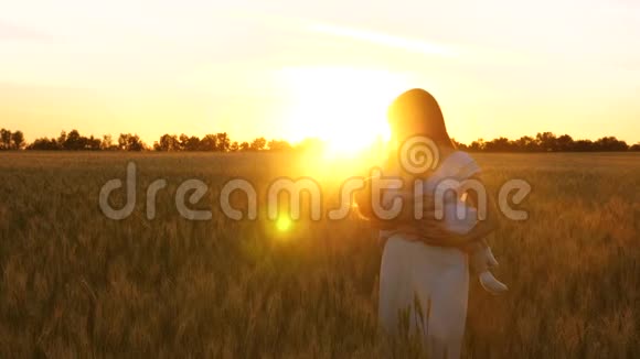小孩子抱着笑妈妈在金色的夕阳下的麦田里慢动作视频的预览图