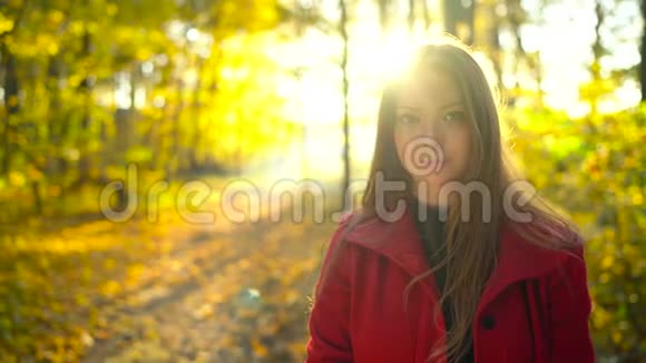 秋天森林里一个身穿红色外套背景是一片黄色枫叶的美丽沉思少女的画像视频的预览图