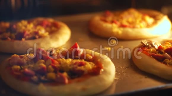 特写在一个大型工业烤箱中用酵母面团烘烤迷你披萨的过程在工业上烤面包视频的预览图