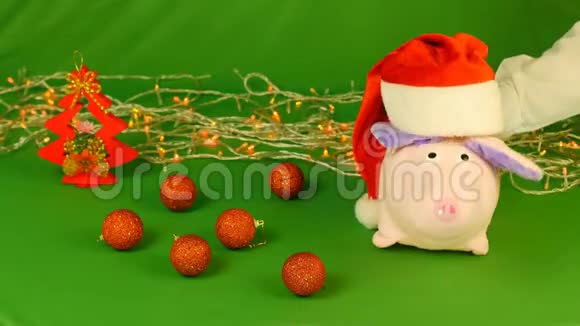 戴着圣诞老人帽子的猪或腮腺炎戴着绿色Chroma钥匙2019年新年和圣诞节视频的预览图