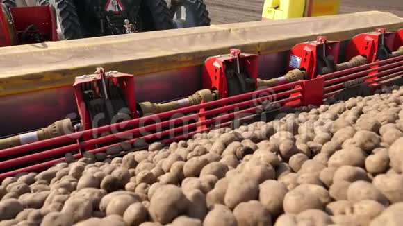 特写过程机械化机薯种植带有特殊设备和马铃薯种子的大型拖拉机视频的预览图