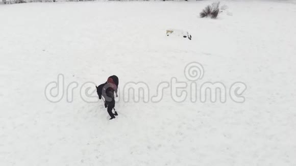 空中俯视冬天残疾人站在雪场上的黑马附近他用假肢代替右腿视频的预览图