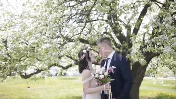新郎新娘在树旁接吻视频的预览图