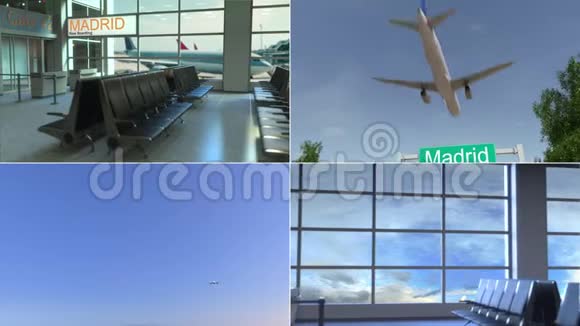 去马德里旅行飞机抵达西班牙概念蒙太奇动画视频的预览图