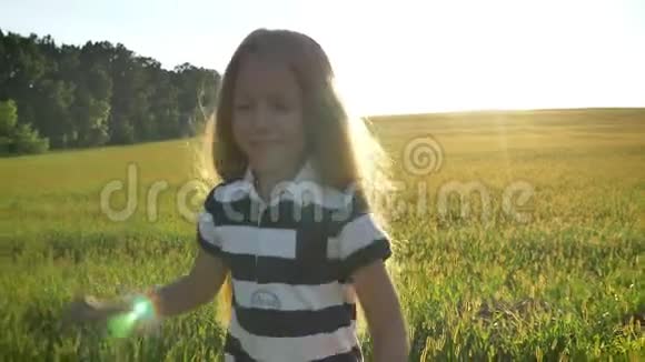 美丽的小女儿一头金色的长发跑向母亲拥抱她日落时的麦田视频的预览图