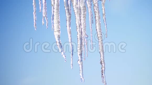 冬天霜冻下雪晴天特写大的透明冰柱挂在屋顶上对着天空视频的预览图