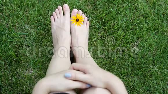 草地上有黄色花朵的女人脚高清电视视频的预览图