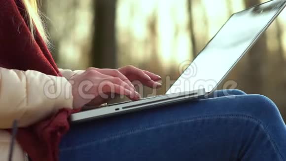 女人手在公园的笔记本电脑键盘上打字树上的叶子落在键盘上视频的预览图