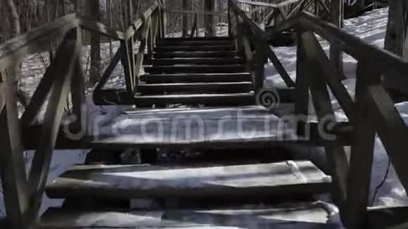 冬天在森林公园的木制楼梯上散步可观看POV视频的预览图