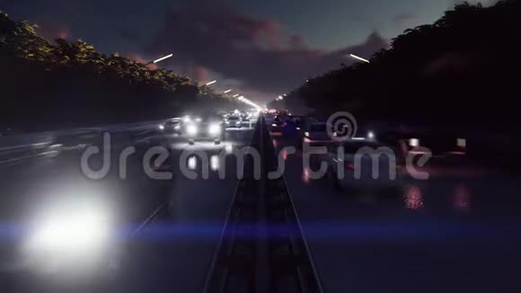 夜车灯火通明交通拥挤有车灯的汽车在晚上去城市视频的预览图