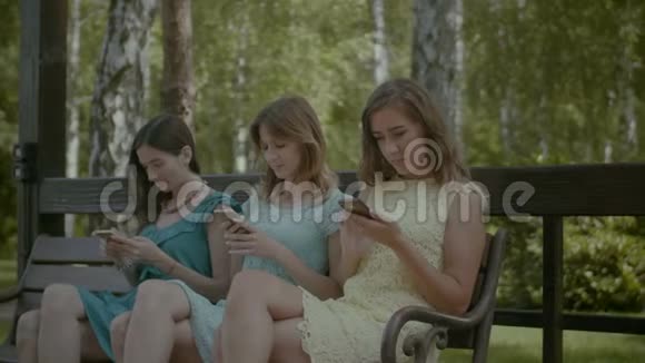 可爱的女孩在公园用手机联网视频的预览图