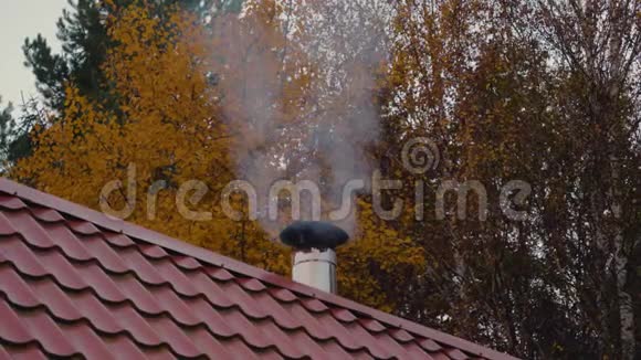 寒冷的秋夜红瓦屋顶上一幢房子的烟囱冒出的白烟视频的预览图