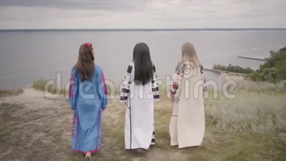 三个女朋友穿着夏天的长时装在湖边或河边的背景下漫步在田野上二视频的预览图