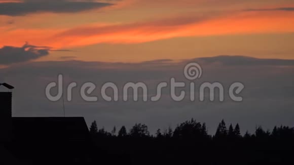 夏日森林树木的剪影和日落天空下的城镇屋顶视频的预览图