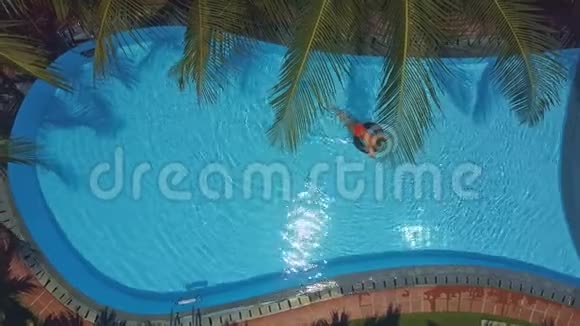 风浪棕榈叶和女孩一起在泳池里视频的预览图