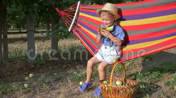 在温暖的夏日孩子们在果园果篮附近的吊床上喝苹果汁视频的预览图