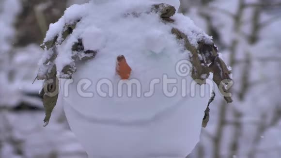 在暴风雪中站在森林里微笑的雪人视频的预览图