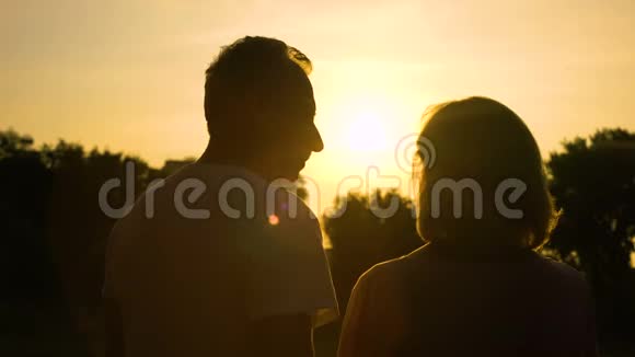 老人在夕阳的背景下剪影亲吻妻子幸福安全视频的预览图