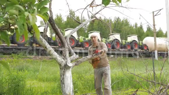 人在枯树上剪枝在背景中有一列火车运输拖拉机视频的预览图