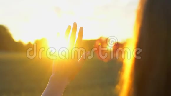 女人的手在日落或日出的背景下缓慢地触摸太阳女孩的特写视频的预览图