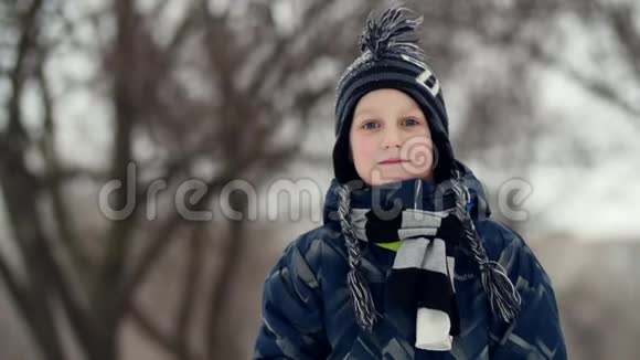 高清特写镜头一个男孩站在冬季公园里睁大眼睛看着什么东西视频的预览图