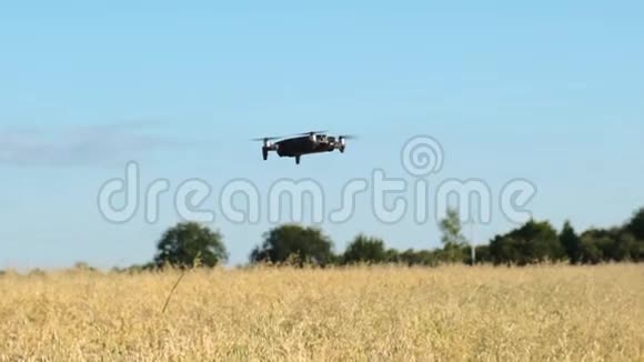 四架直升机挂在空中背景中是一片田野和蓝天视频的预览图