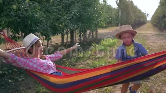 在苹果花园里度假快乐的孩子在树间的吊床上荡秋千视频的预览图