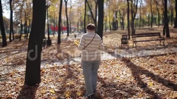 秋天公园里的一位老妇人收集树叶视频的预览图