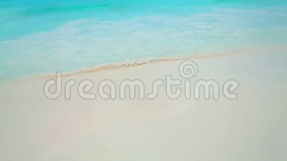 加勒比海滩全景绿松石海棕榈树和覆盖着稻草的海滩伞视频的预览图