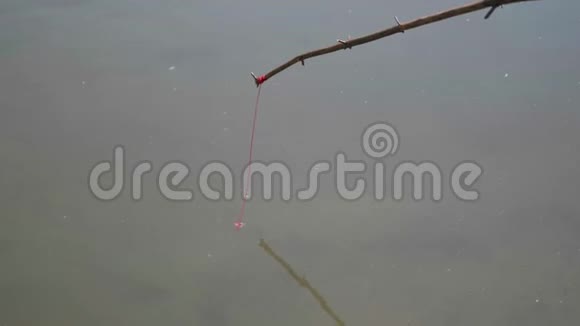 婴儿在河岸上用钓鱼竿钓鱼美丽的夏日风景户外娱乐活动视频的预览图