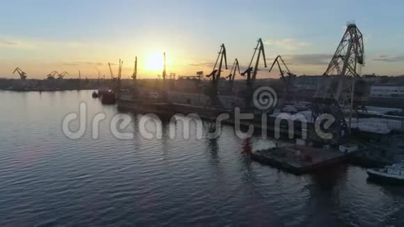 国际贸易船舶装卸用吊车的工业货港鸟瞰图视频的预览图