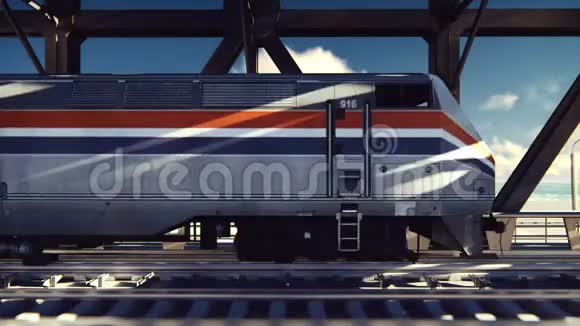 高铁火车在晴天经过铁路桥公共交通铁路客运列车视频的预览图