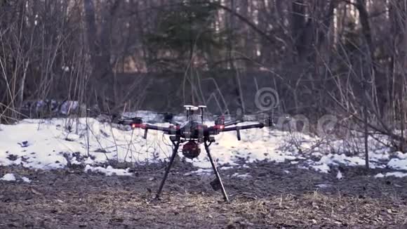 黑色四翼飞机从森林中的地面起飞许多叶子飞向两侧剪辑一架无人机开始视频的预览图