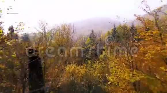 一架无人驾驶飞机在瑞士尤拉山高寒地区的秋森林上空飞行的壮观画面视频的预览图