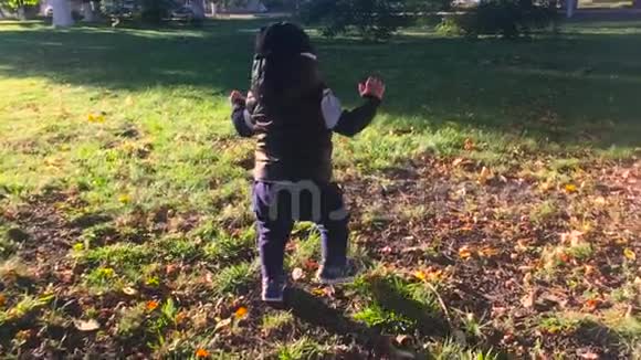 一岁的可爱男孩正在公园里迈出第一步孩子在户外迈出第一步慢动作录像视频的预览图