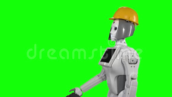 戴着头盔的机器人正在召唤他的工人绿色屏幕侧视图视频的预览图