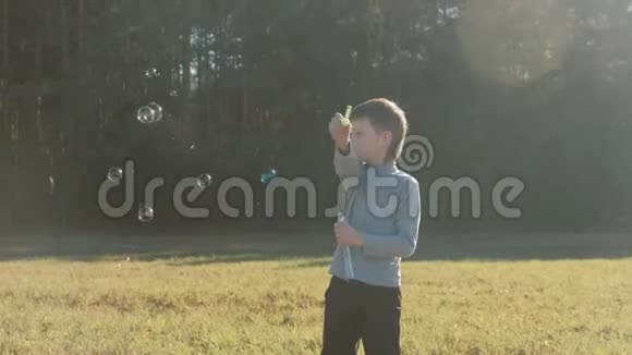 在温暖的春天男孩让肥皂泡在靠近森林的草地上视频的预览图