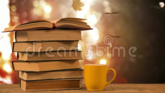 书和咖啡杯在秋天落叶和明亮的背景下视频的预览图