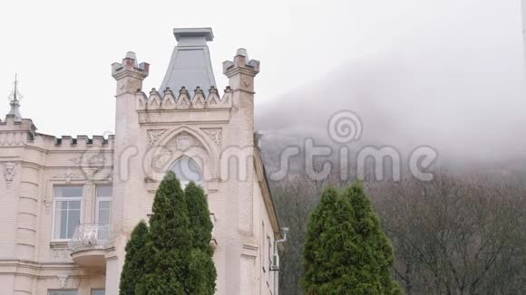 漂亮的古堡背景是雾中的山秋景视频的预览图