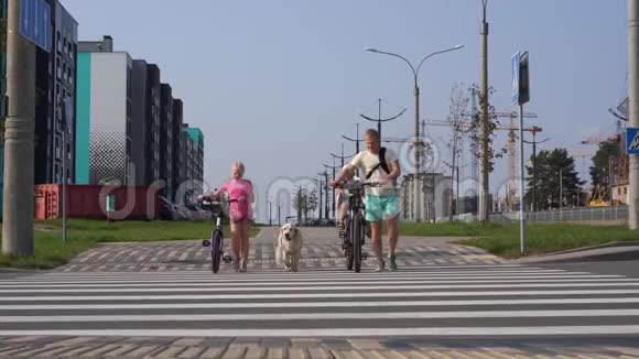 在现代城市与宠物生活一个有自行车的家庭和一只大狗过马路视频的预览图