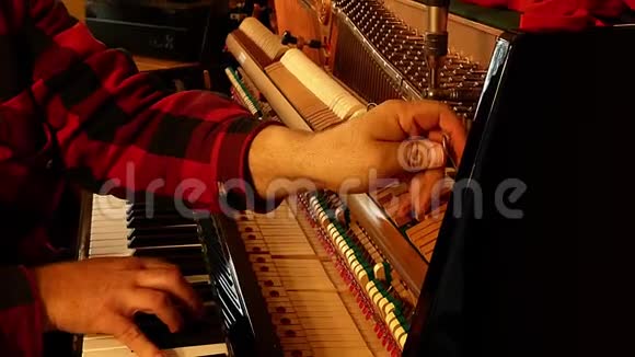 专业钢琴技师用工具演奏琴键和琴弦视频的预览图