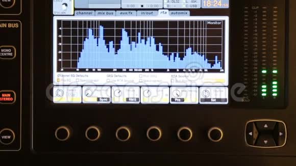 显示DJ混合控制台声音脉冲显示了一个声音峰值的图表高质量声音观测视频的预览图